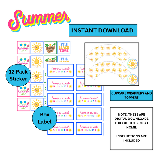 Summer Fun Stickers, Cupcake Wrappers, and Toppers: Digital Download